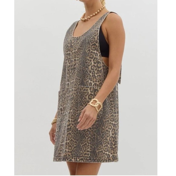 entro Dresses & Skirts - Entro Leopard Print Animal Denim Overalls Dress Mini Short Pinafore Womens S